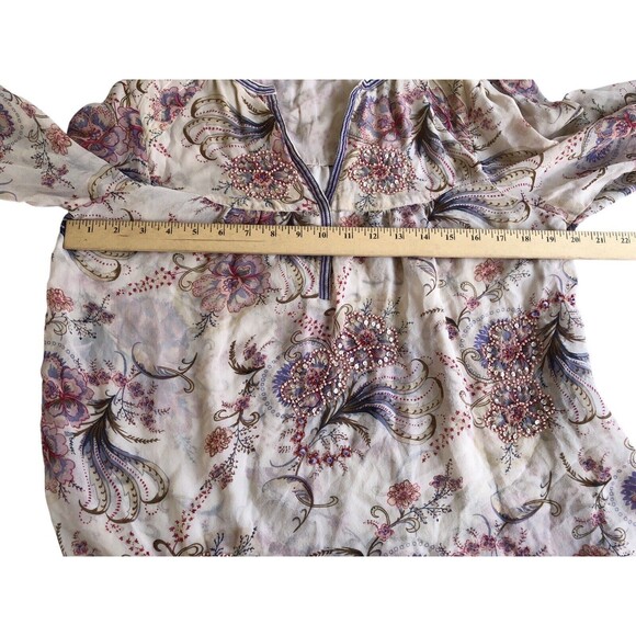 Sundance Top Womens Large Blouse 100% Silk Floral Beaded Boho Paisley Sheer - Picture 7 of 10